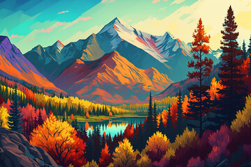 Scenery of forested mountains with vibrant colors Generative AI - obrazy, fototapety, plakaty