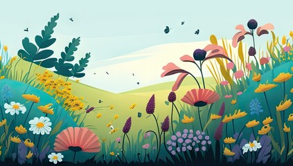 Fototapeta na wymiar Illustration of a flower meadow in spring. Generative AI