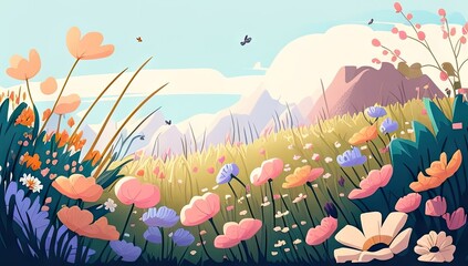 Illustration of a flower meadow in spring. Generative AI