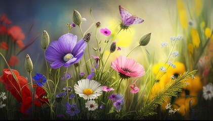 Wild flowers on a flower meadow in spring. Generative AI