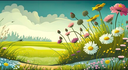 Illustration of a flower meadow in spring. Generative AI