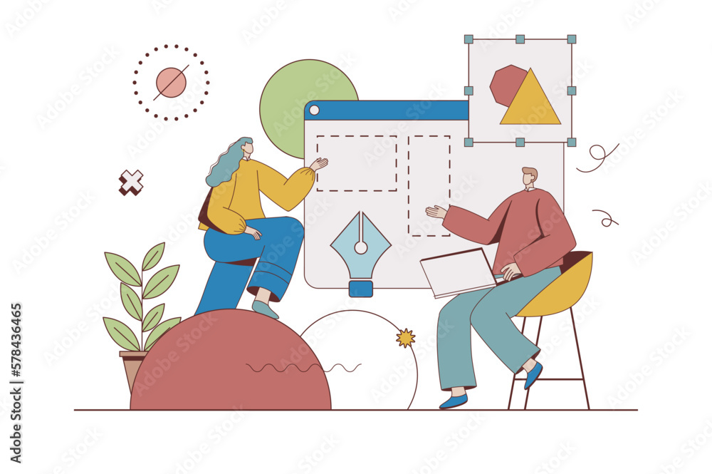 Leinwandbilder creative agency concept with character situation in flat design. woman and man working as digital ar