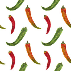 Small green, orange and red hot peppers, watercolor seamless pattern