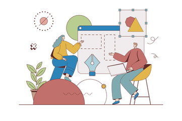 Fototapeta na wymiar Creative agency concept with character situation in flat design. Woman and man working as digital artists and developing visual content of art project. Vector illustration with people scene for web