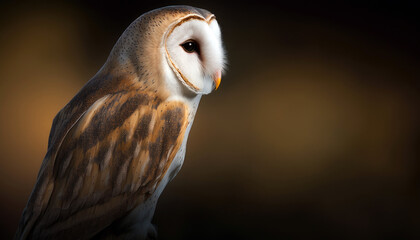Portrait of barn owl branch at dusk
