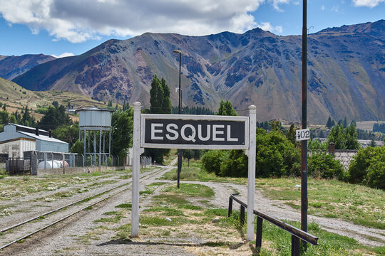 Sign of the train station in Esquel of the Old Patagonian Express Train "La Trochita"