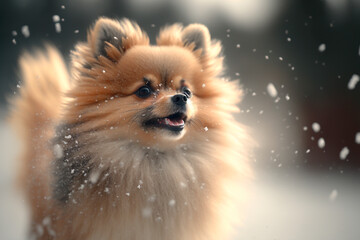 Obraz premium A Cute Pomeranian Dog Chasing Snowflakes in the Wintertime