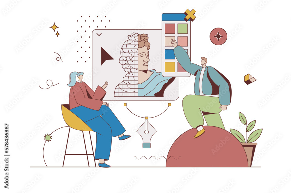 Fototapete designer agency concept with character situation in flat design. man and woman are discussing art pr