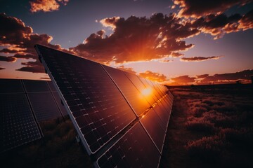 Generative AI illustration of solar panel array in the early morning, with the sun rising in the background