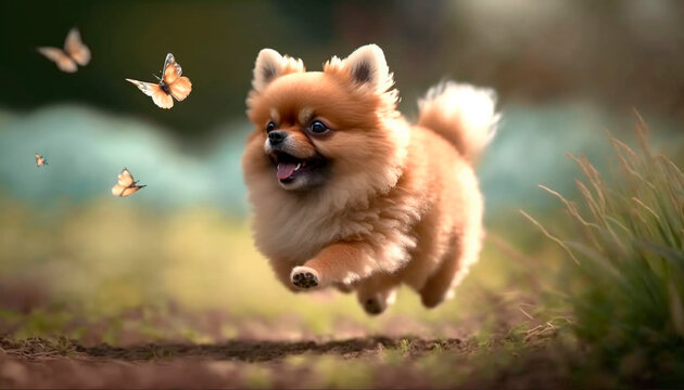 Chasing Butterflies: Adorable Pomeranian Dog on a Green Meadow