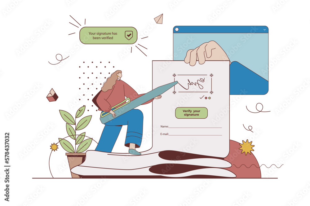Poster electronic contract concept with character situation in flat design. woman signing digital agreement