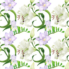 Obraz premium White liliy and violet freesia flowers watercolor seamless pattern