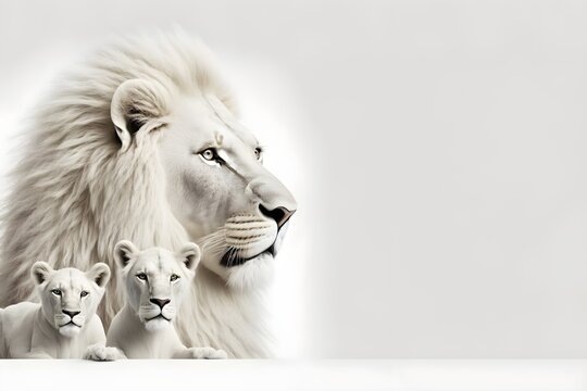 Background of a beautiful african white lion. Gray Background. Wallpaper illustration. Side view with copy space for text information or content. Concept of animal, wild world. Generative AI.