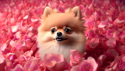 Fototapeta na wymiar Adorable Pomeranian Dog Sitting in a Sea of Rose Petals