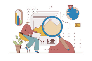 Global business strategy concept with character situation in flat design. Man explores international market trends, expands company with success planning. Vector illustration with people scene for web