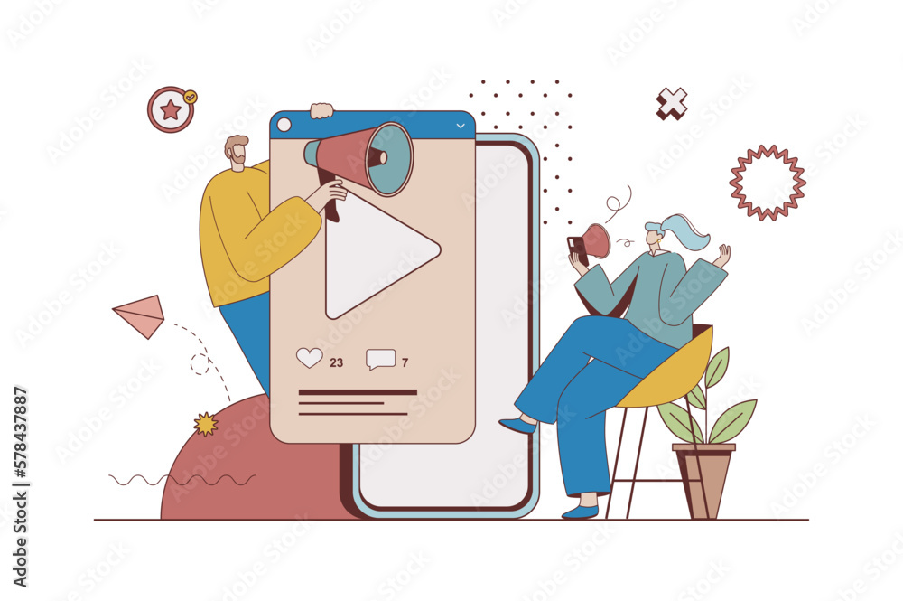 Poster mobile marketing concept with character situation in flat design. man attracts new customers with vi