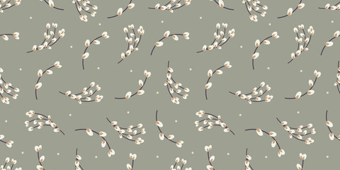 Retro brown aster spring seamless pattern with willow twigs