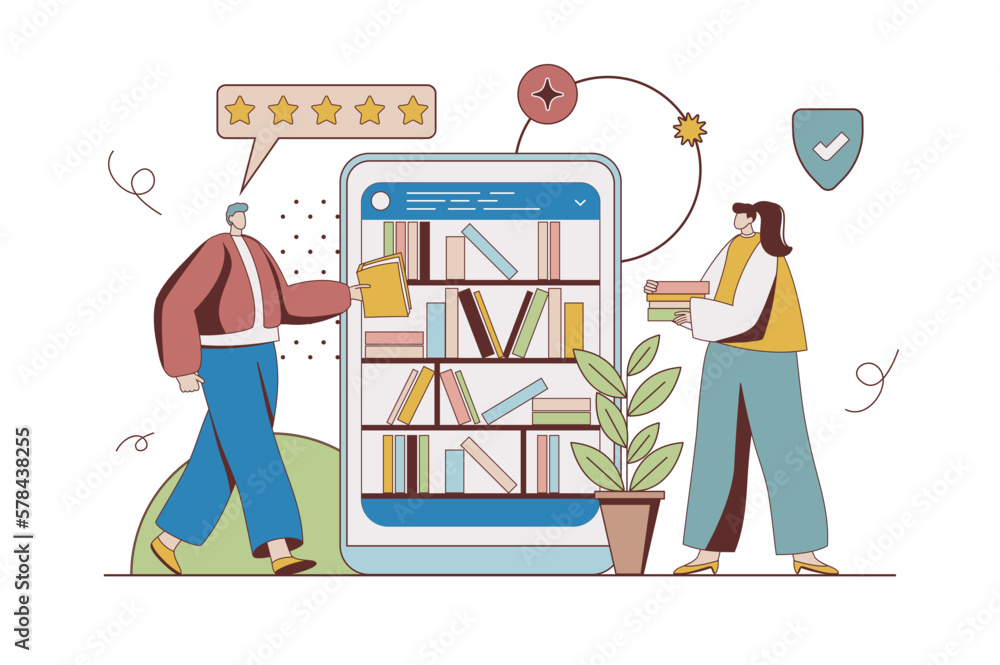 Leinwandbilder online library concept with character situation in flat design. man and woman read e-books and buy b