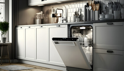 Close up dishwasher in a kitchen, 3D render, generative AI