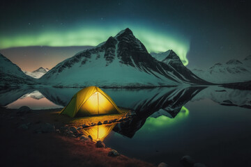 Stunning landscape with green northern lights aurora. An illuminated tent in wild northern mountains. Generative AI