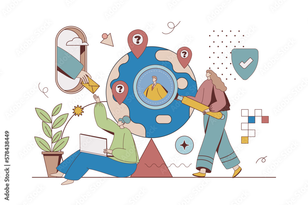 Leinwandbilder outsourcing company concept with character situation in flat design. women and men work remotely, re