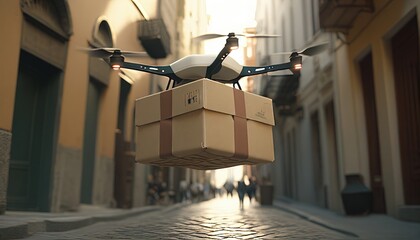 Naklejka premium Drone transporting a package in the city. Generative AI.
