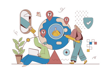 Outsourcing company concept with character situation in flat design. Women and men work remotely, receive tasks and do projects online using laptops. Vector illustration with people scene for web