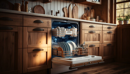 Close up dishwasher in a kitchen, 3D render, generative AI