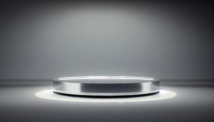 Silver Pedestal of platform display with neon modern stand podium on white room background. 3D rendering. Generative AI.