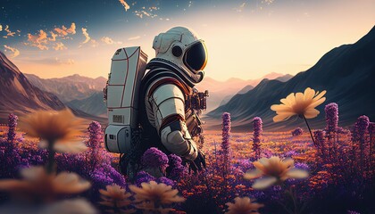 An astronaut walks among wildflowers in an alpine meadow. Generative AI.