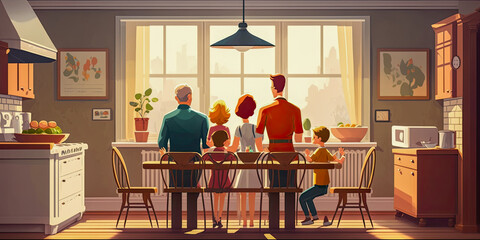 Back view of a family at home for breakfast - Generative AI