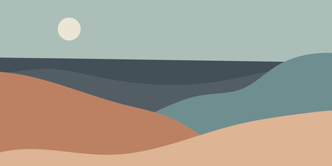 Minimalist landscape. Abstract contemporary collage. Landscape with mountains, panoramic view, vector illustration