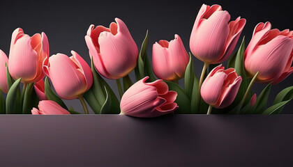 Banner template with tulips flowers. Happy Mother's  Day, International Women's Day, Birthday concept. Generative AI
