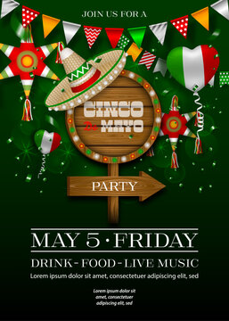 cinco de mayo poster with wooden signboard and sombrero. mexican party flyer with balloons, pennants and star pinata