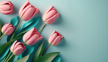 Bouquet of pink tulips on blue background. Happy Mothers Day banner design. Generative AI