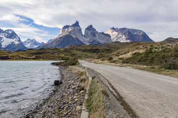 Lake and snowy mountains of Torres del Paine National Park in Chile, Patagonia, South America