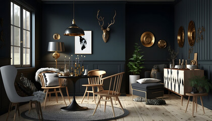 Fototapeta na wymiar Scandinavian design furniture, on dark wall, 3d render, generative ai