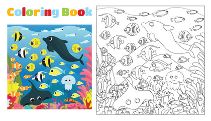 Coloring book for children from 4 to 11 years old. Rich underwater world and many fish, algae and plants. A lot of tropical fish, dolphin and stingray swim near the coral reefs, algae, reefs.