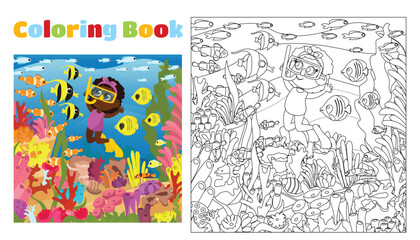 Coloring book for children from 4 to 11 years old. Under the water near the coral reefs, an aquadiver girl swims with fish.Cute baby is happy. Rich underwater marine world with many details.