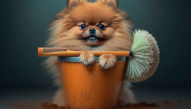 A Cute Pomeranian Dog Sitting in a Cleaning Bucket with a Mop