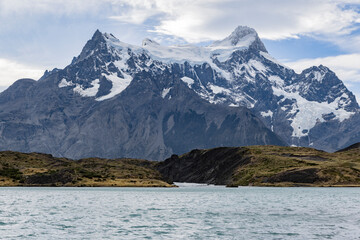 Lake and snowy mountains of Torres del Paine National Park in Chile, Patagonia, South America