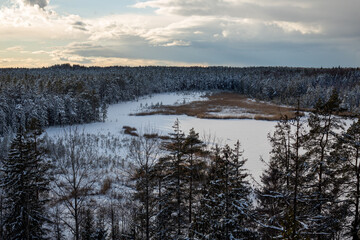 Fototapeta premium A scene from Kangari tower to the lake Kangari with snowy forest in March in Latvia