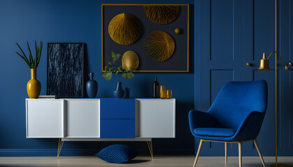 Scandinavian design furniture, on royal blue wall, 3d render, generative ai