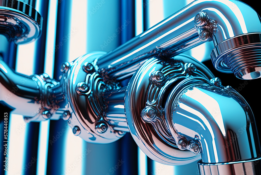 Poster Abstract chrome pipes composition. Industry themed background with shiny metallic connected pipes. Generated AI.