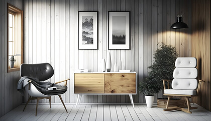 Scandinavian design furniture, on white wood wall, 3d render, generative ai