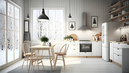 Fototapeta na wymiar Scandinavian design kitchen, on white wood wall, 3d render, generative ai