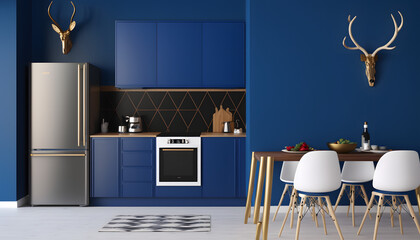 Scandinavian design kitchen, on royal blue wall, 3d render, generative ai