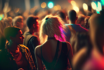 Party people on the show. Night club with lights and dancing people. Party crowd. Generated AI.