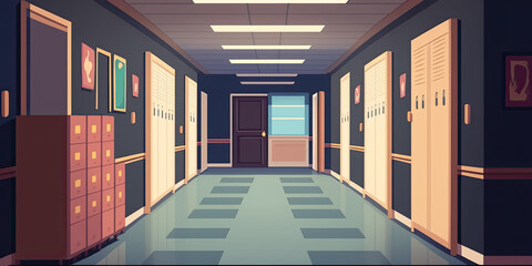 Empty School Corridor Interior With Row Of Lockers - Generative AI