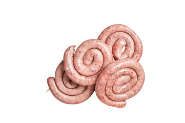 Traditional Raw spiral sausages on a marble board with thyme. Isolated, transparent background